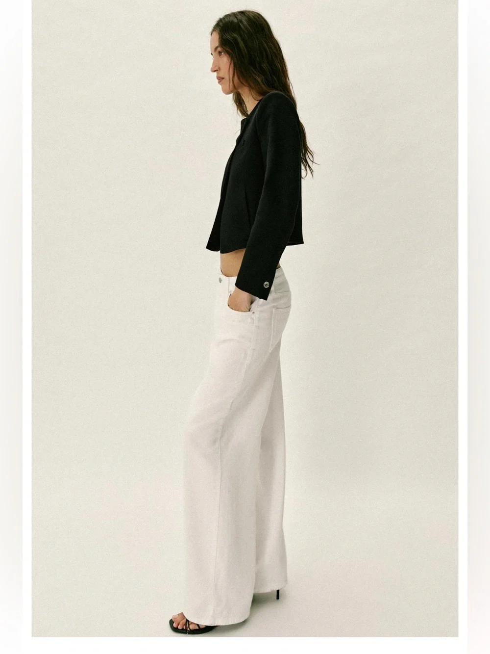 Zara Classic Black Cropped Jacket with Pearl Buttons